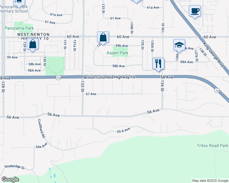 map of restaurants, bars, coffee shops, grocery stores, and more near 13365 57 Avenue in Surrey
