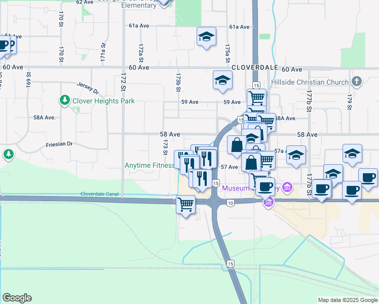 map of restaurants, bars, coffee shops, grocery stores, and more near 5750 174 Street in Surrey