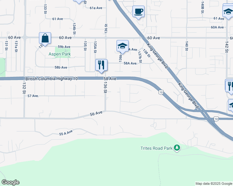 map of restaurants, bars, coffee shops, grocery stores, and more near 5733 136B Street in Surrey