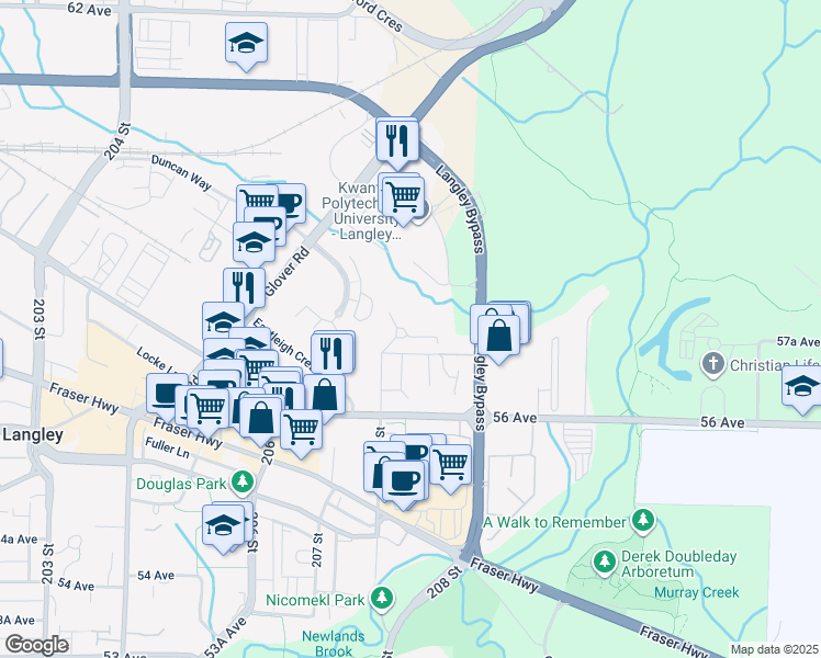 map of restaurants, bars, coffee shops, grocery stores, and more near 5708 208 Street in Langley