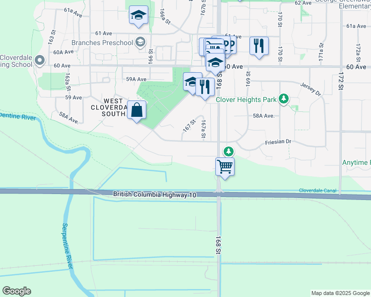 map of restaurants, bars, coffee shops, grocery stores, and more near 16719 57 Avenue in Surrey