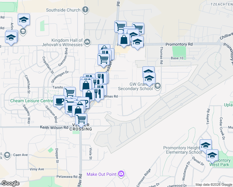 map of restaurants, bars, coffee shops, grocery stores, and more near 45765 Thomas Road in Chilliwack