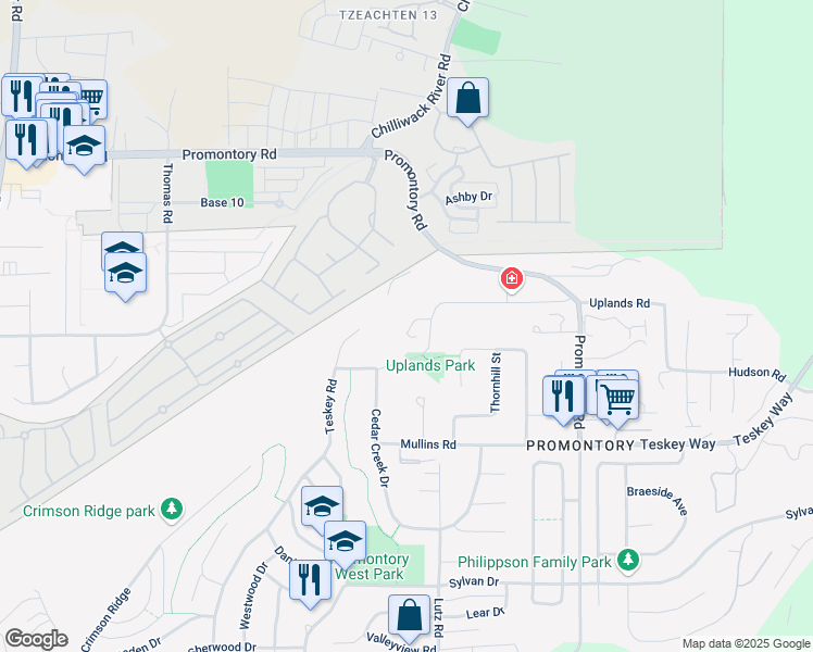 map of restaurants, bars, coffee shops, grocery stores, and more near 46368 Uplands Road in Chilliwack