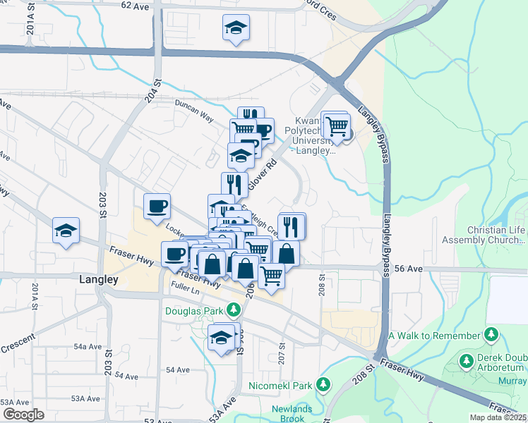 map of restaurants, bars, coffee shops, grocery stores, and more near 20625 Eastleigh Crescent in Langley