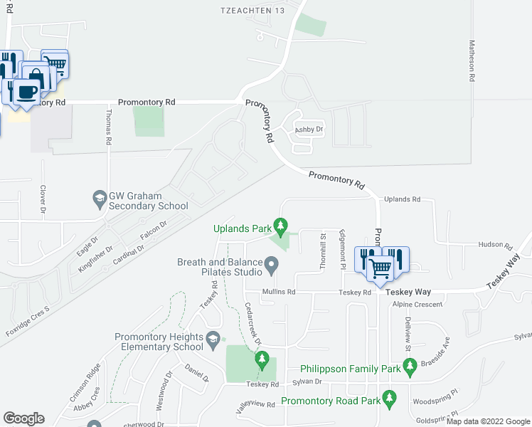 map of restaurants, bars, coffee shops, grocery stores, and more near 46368 Uplands Road in Chilliwack
