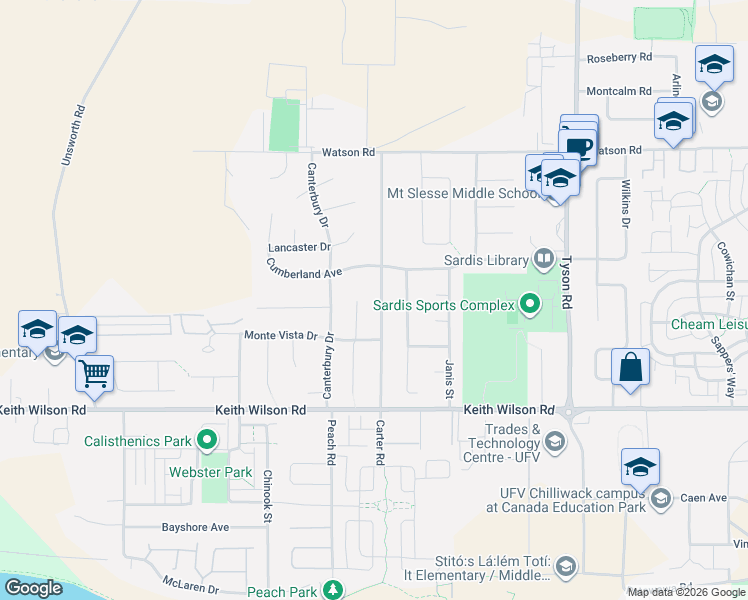 map of restaurants, bars, coffee shops, grocery stores, and more near 5762 Carter Road in Chilliwack