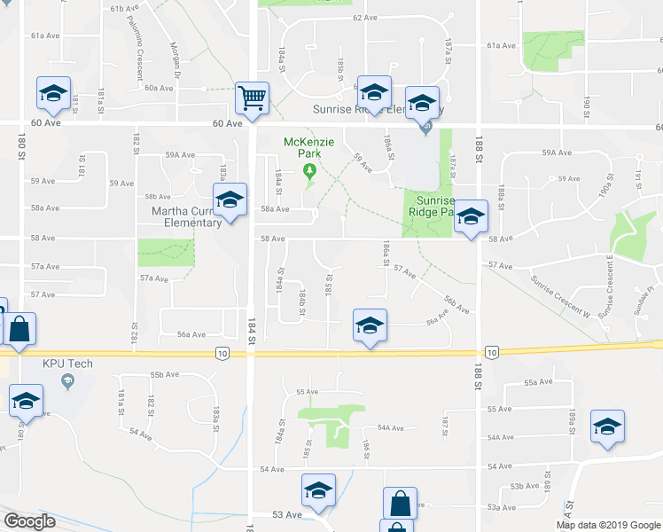 map of restaurants, bars, coffee shops, grocery stores, and more near 5730 185 Street in Surrey