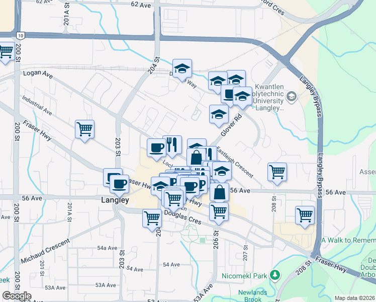 map of restaurants, bars, coffee shops, grocery stores, and more near 20501 Logan Avenue in Langley