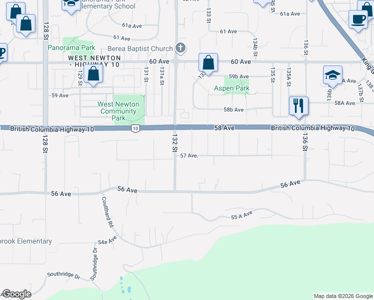 map of restaurants, bars, coffee shops, grocery stores, and more near 13245 57 Avenue in Surrey
