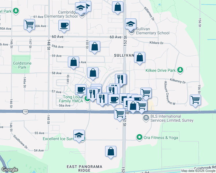 map of restaurants, bars, coffee shops, grocery stores, and more near 15111 Edmund Drive in Surrey