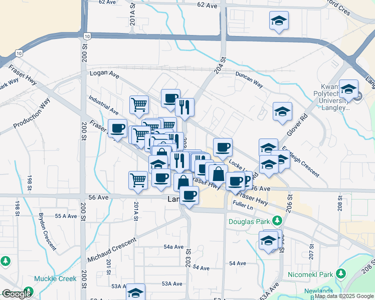 map of restaurants, bars, coffee shops, grocery stores, and more near 5750 203 Street in Langley