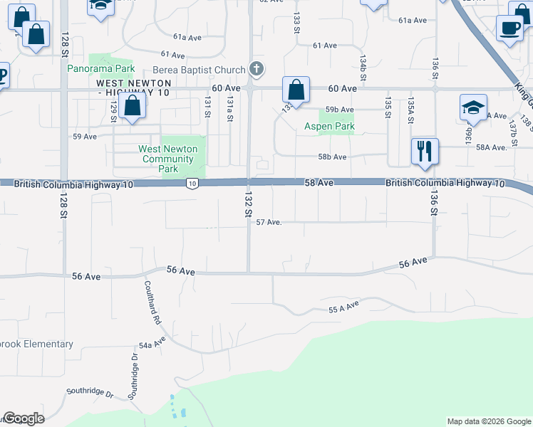 map of restaurants, bars, coffee shops, grocery stores, and more near 5744 132 Street in Surrey