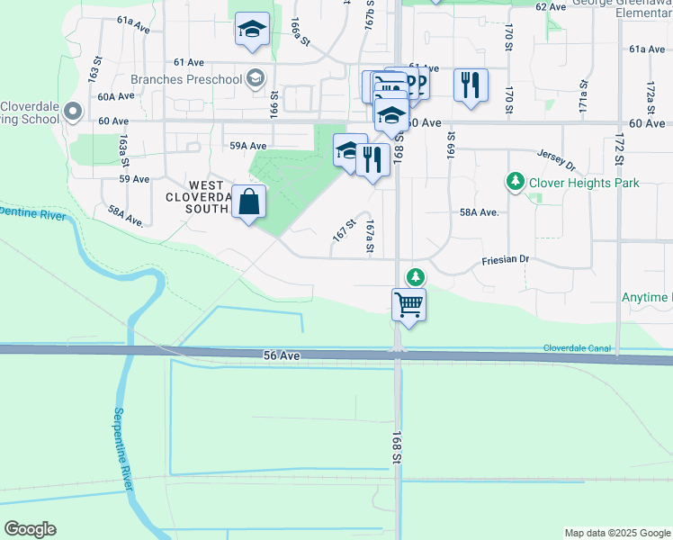 map of restaurants, bars, coffee shops, grocery stores, and more near 16706 57A Avenue in Surrey