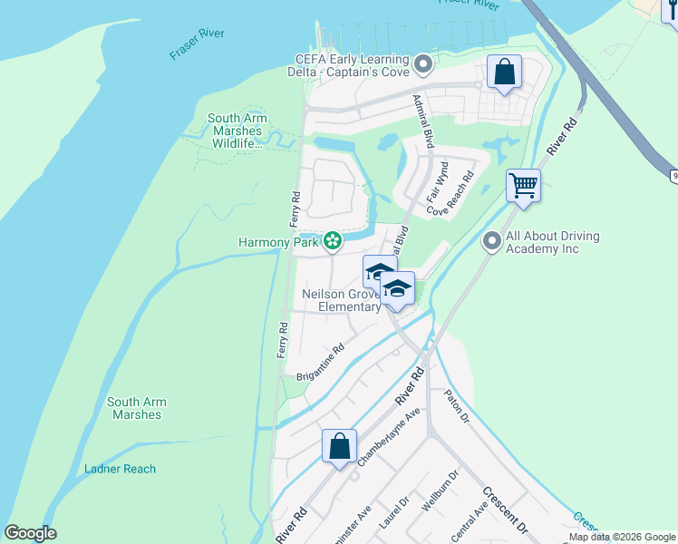 map of restaurants, bars, coffee shops, grocery stores, and more near 5688 Clipper Road in Delta