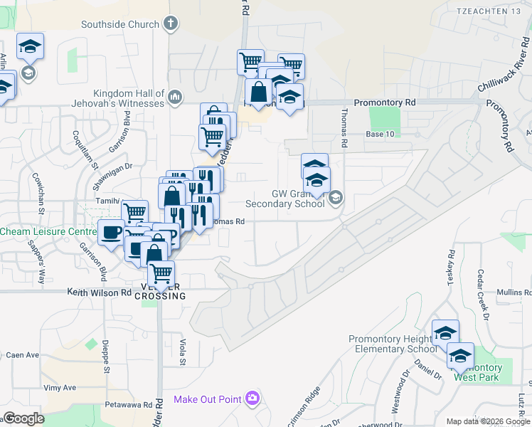 map of restaurants, bars, coffee shops, grocery stores, and more near 45817 Thomas Road in Chilliwack