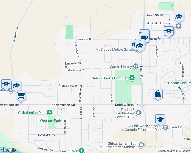 map of restaurants, bars, coffee shops, grocery stores, and more near 5762 Carter Road in Chilliwack