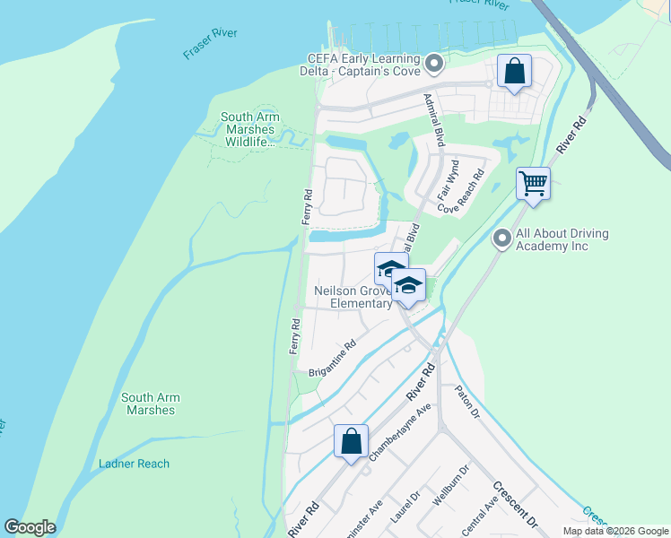 map of restaurants, bars, coffee shops, grocery stores, and more near 5689 Clipper Road in Delta