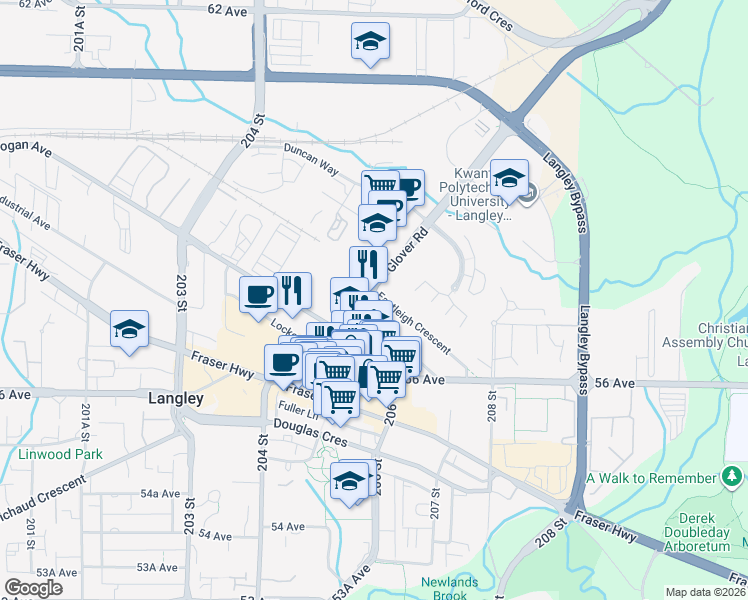 map of restaurants, bars, coffee shops, grocery stores, and more near 5744 Glover Road in Langley