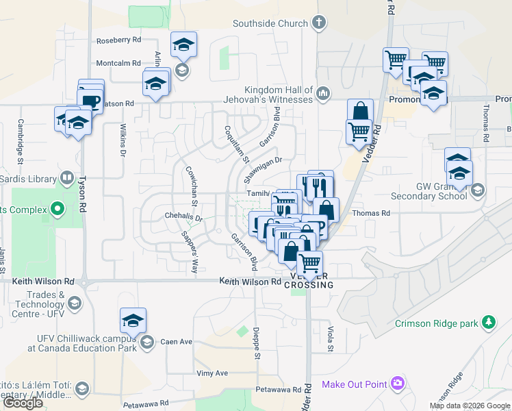 map of restaurants, bars, coffee shops, grocery stores, and more near 45462 Tamihi Way in Chilliwack