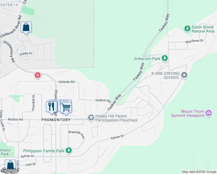 map of restaurants, bars, coffee shops, grocery stores, and more near 46857 Hudson Road in Chilliwack