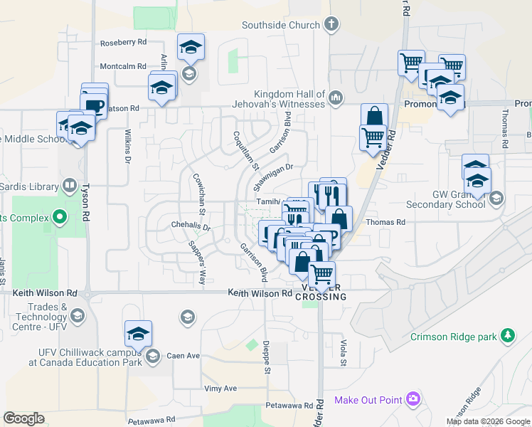 map of restaurants, bars, coffee shops, grocery stores, and more near 45462 Tamihi Way in Chilliwack