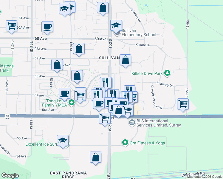 map of restaurants, bars, coffee shops, grocery stores, and more near 5750 152 Street in Surrey