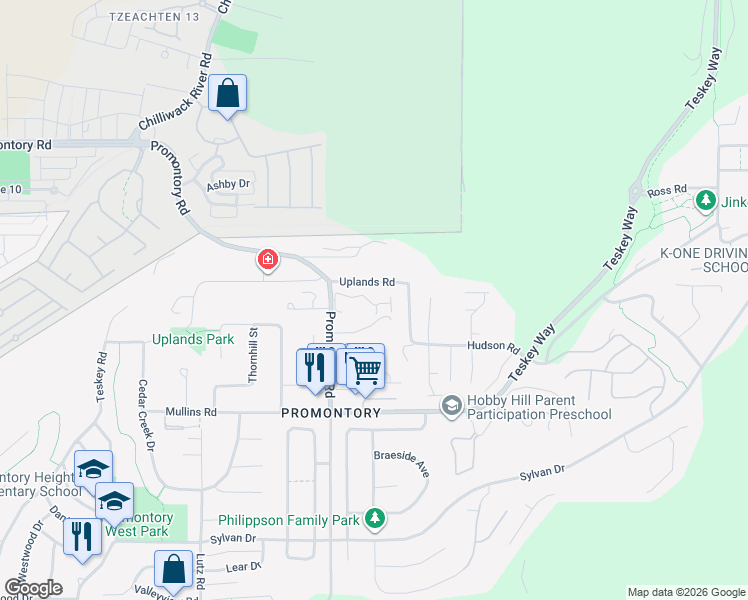 map of restaurants, bars, coffee shops, grocery stores, and more near 5756 Promontory Road in Chilliwack
