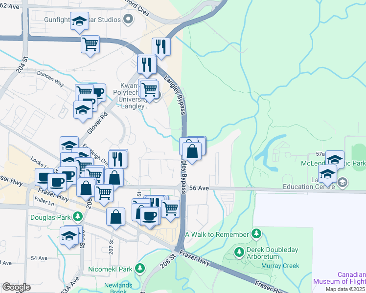 map of restaurants, bars, coffee shops, grocery stores, and more near 5700 Langley Bypass in Langley