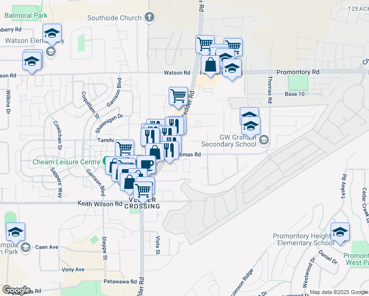 map of restaurants, bars, coffee shops, grocery stores, and more near 45735 Thomas Road in Chilliwack