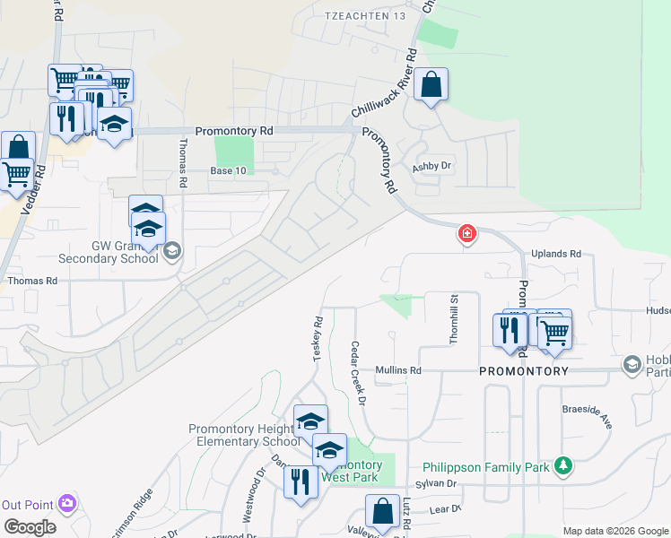 map of restaurants, bars, coffee shops, grocery stores, and more near 4562 Teskey Road in Chilliwack