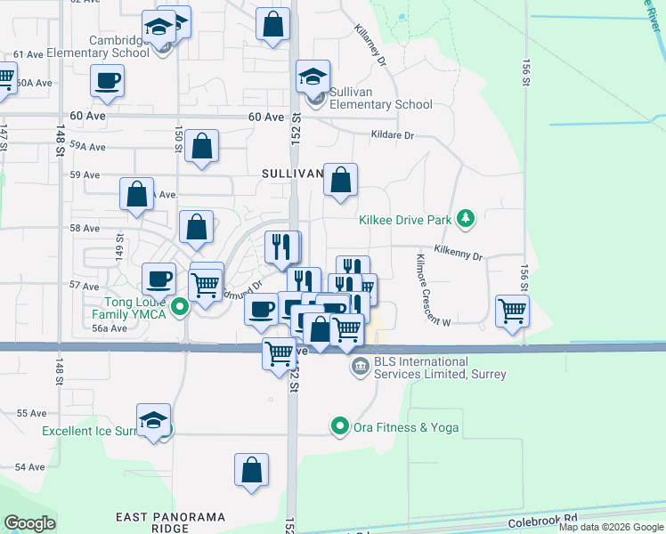 map of restaurants, bars, coffee shops, grocery stores, and more near 5758 Kettle Crescent West in Surrey