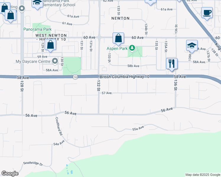 map of restaurants, bars, coffee shops, grocery stores, and more near 5730 132A Street in Surrey