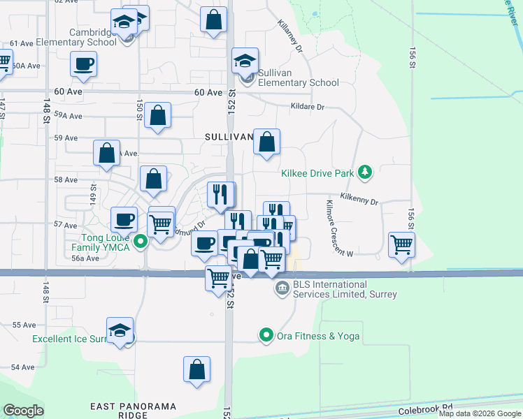 map of restaurants, bars, coffee shops, grocery stores, and more near 5758 Kettle Crescent West in Surrey