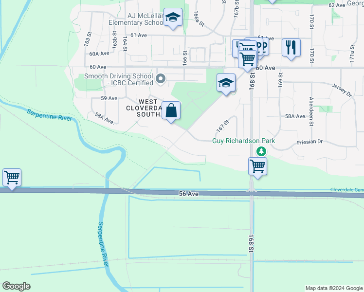 map of restaurants, bars, coffee shops, grocery stores, and more near 16615 57 Avenue in Surrey
