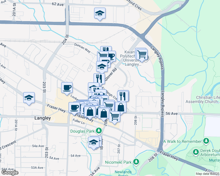 map of restaurants, bars, coffee shops, grocery stores, and more near 20619 Eastleigh Crescent in Langley