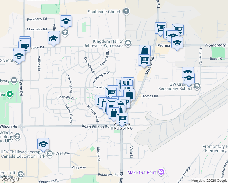 map of restaurants, bars, coffee shops, grocery stores, and more near 45595 Tamihi Way in Chilliwack