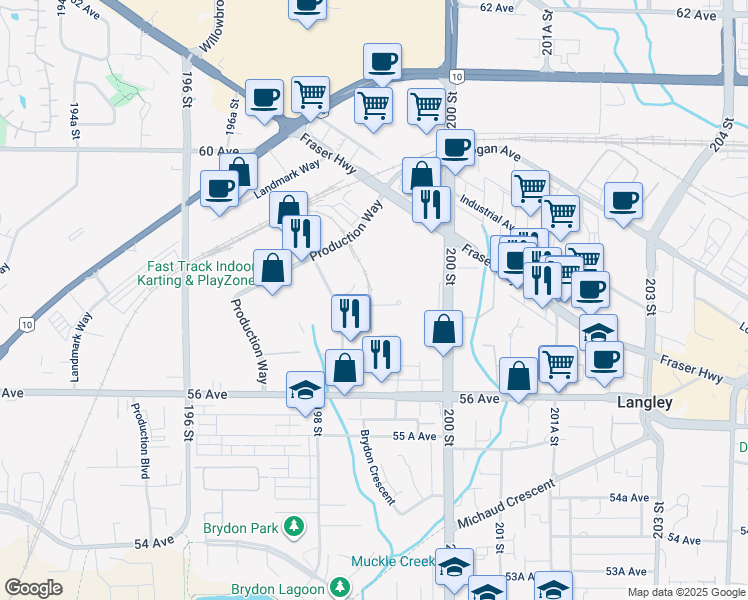 map of restaurants, bars, coffee shops, grocery stores, and more near 19871 57A Avenue in Langley