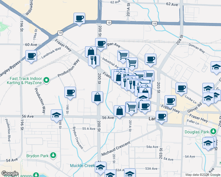 map of restaurants, bars, coffee shops, grocery stores, and more near 20062 Fraser Highway in Langley