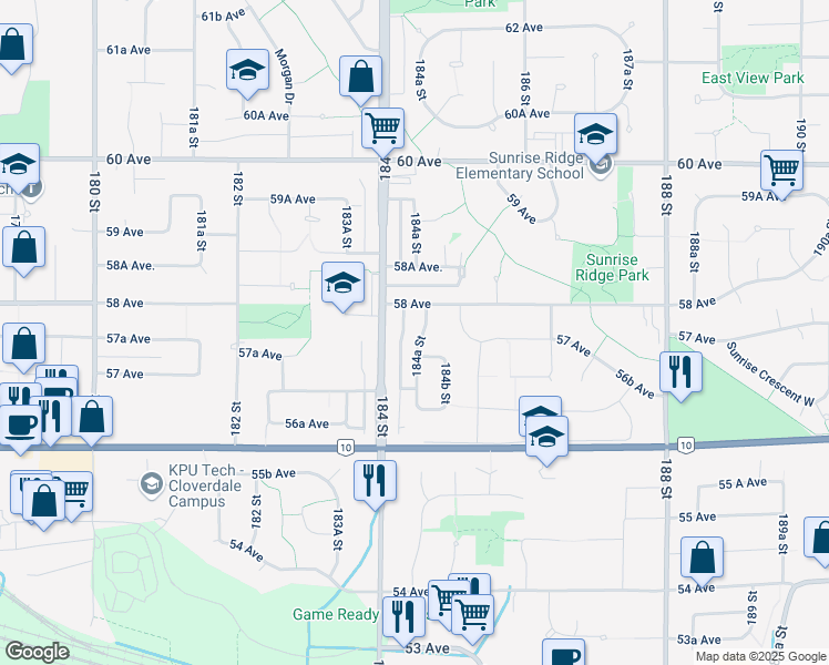 map of restaurants, bars, coffee shops, grocery stores, and more near 5775 184A Street in Surrey