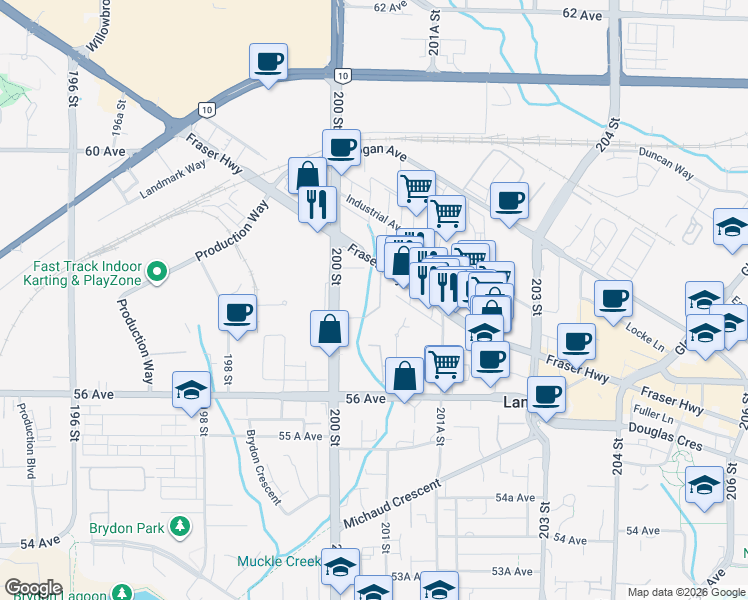 map of restaurants, bars, coffee shops, grocery stores, and more near 20062 Fraser Highway in Langley