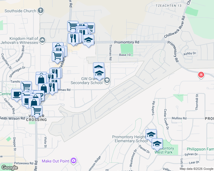 map of restaurants, bars, coffee shops, grocery stores, and more near 45955 Thomas Road in Chilliwack