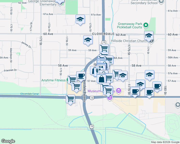 map of restaurants, bars, coffee shops, grocery stores, and more near 17555 57A Avenue in Surrey