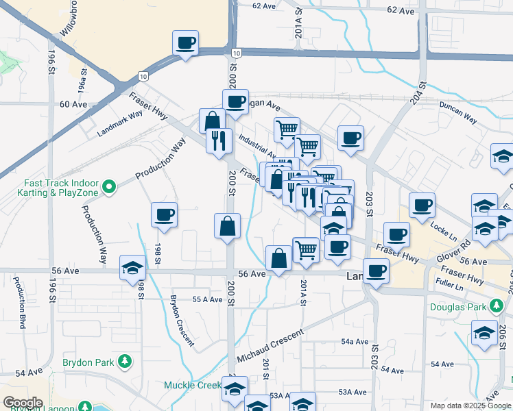 map of restaurants, bars, coffee shops, grocery stores, and more near 20062 Fraser Highway in Langley