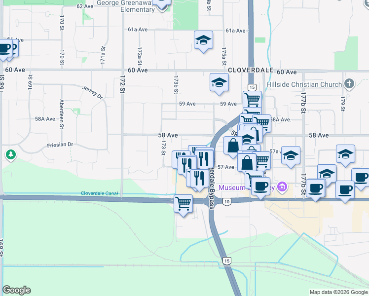 map of restaurants, bars, coffee shops, grocery stores, and more near 5760 174 Street in Surrey