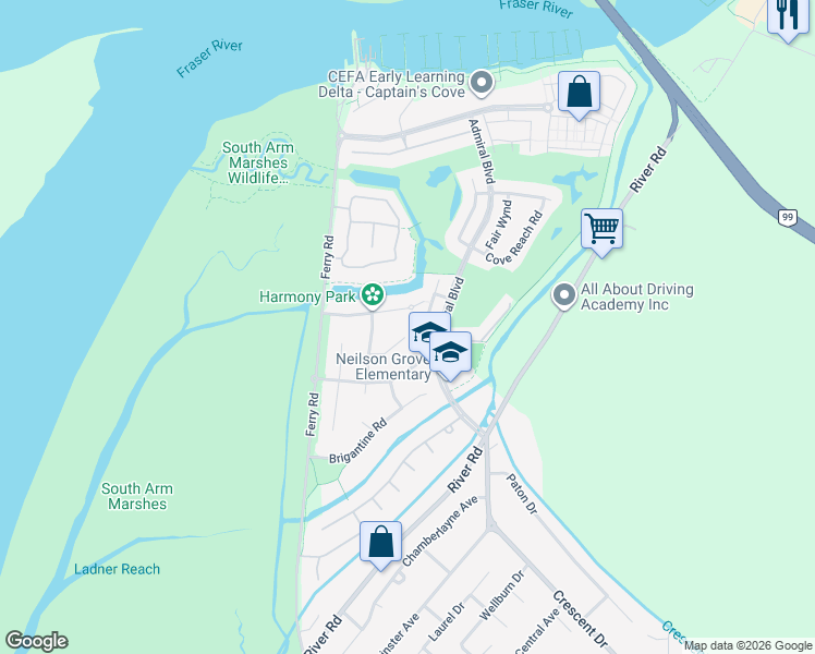 map of restaurants, bars, coffee shops, grocery stores, and more near 5385 Galleon Place in Delta