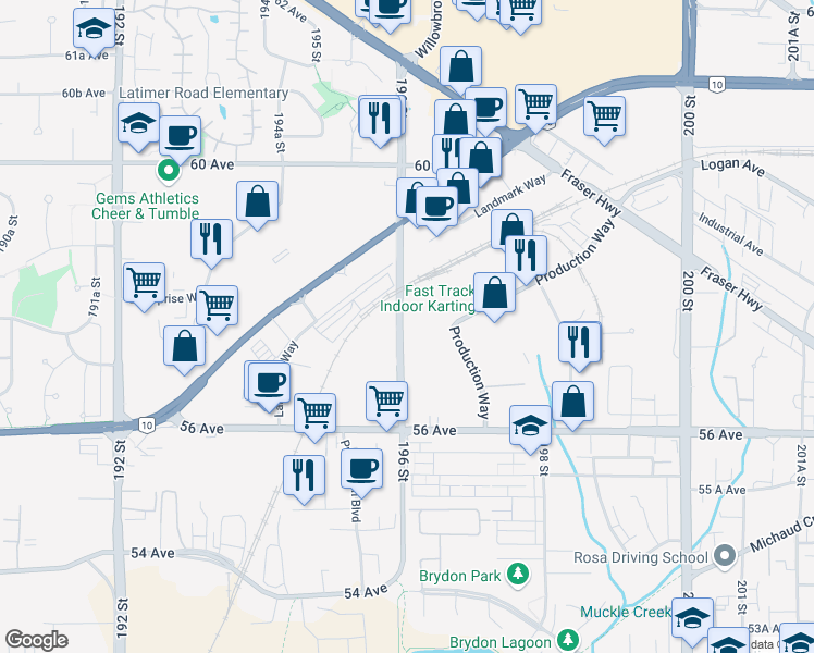 map of restaurants, bars, coffee shops, grocery stores, and more near 19515 56 Avenue in Surrey