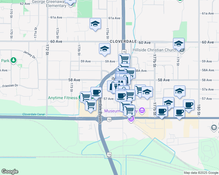 map of restaurants, bars, coffee shops, grocery stores, and more near 17555 57A Avenue in Surrey
