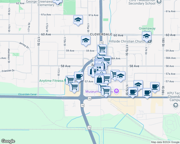 map of restaurants, bars, coffee shops, grocery stores, and more near in Surrey