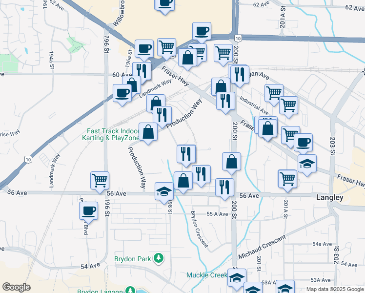 map of restaurants, bars, coffee shops, grocery stores, and more near 214 57A Avenue in Langley