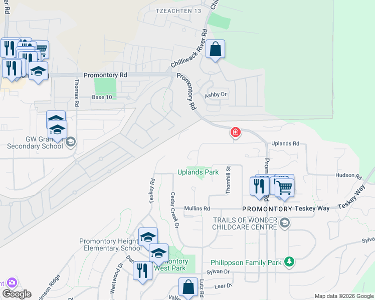 map of restaurants, bars, coffee shops, grocery stores, and more near 46379 Uplands Road in Chilliwack